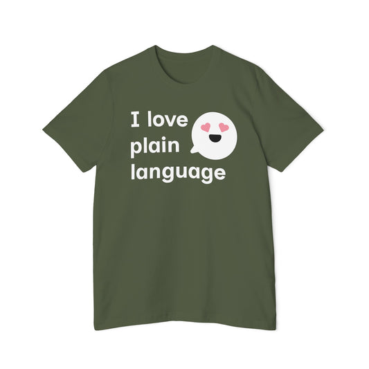 The "I love plain language" sits to the left of a medium-sized cute speech bubble that has pink love-heart eyes. The text and speech bubble are white.