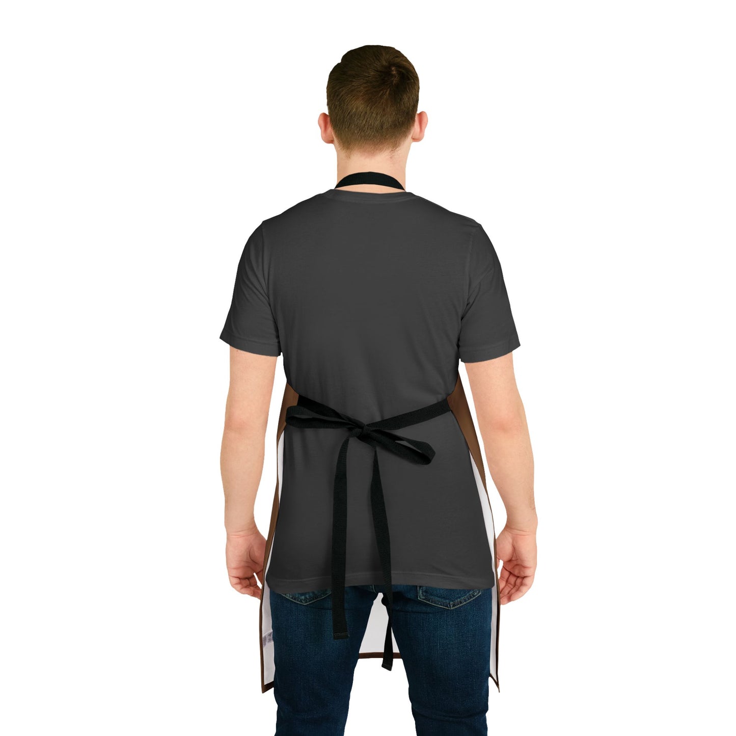The back of a person wearing the apron. The apron comes with a standard set of long black ties.
