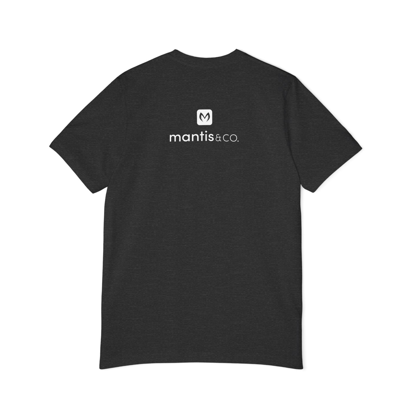 The back of the t-shirt features the Mantis & Co. logo in a single color. The 'M' in the logo is left unprinted, revealing the shirt fabric beneath, while the surrounding logo is printed around it.
